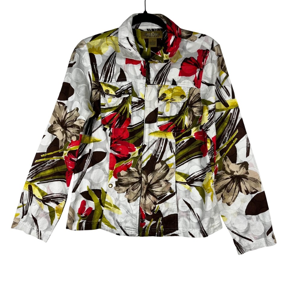 Peck & Peck Weekend Jacket‎ Womens White Floral Zip Up 100% Cotton Size M